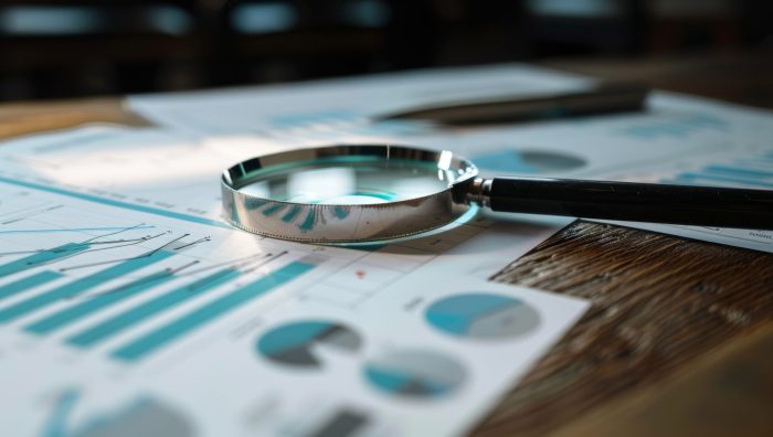 Magnifying glass placed over business charts and graphs on a wooden desk.